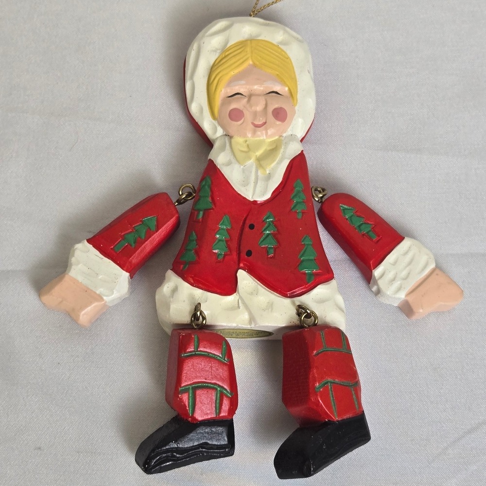 Wooden Jointed Christmas Ornament, Mercuries (USA), Folk‎ Art, 5.5" Vintage 1995